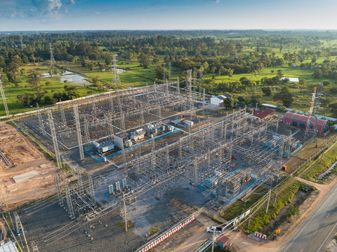 An electrical substation for heavy current with resistors.
Transformer substation from above view.