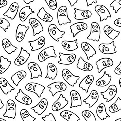 Cute cartoon ghosts seamless pattern. Hand drawn black doodle outline background for Halloween decoration wrapping scrapbooking paper coloring. Stock vector illustration isolated on white background.