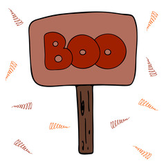 Vector illustration. Wooden sign with the inscription Boo isolated on white. Confetti in the background. Simple doodle clipart in a trendy minimalism style. Halloween theme. For poster, banner, cards.