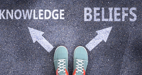 Knowledge and beliefs as different choices in life - pictured as words Knowledge, beliefs on a road to symbolize making decision and picking either Knowledge or beliefs as an option, 3d illustration