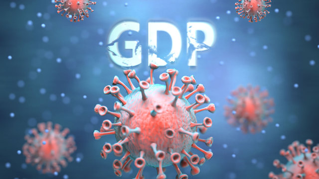 Covid And Gdp, Pictured As Red Viruses Attacking Word Gdp To Symbolize Turmoil, Global World Problems And The Relation Between Corona Virus And Gdp, 3d Illustration