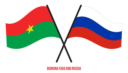 Burkina Faso and Russia Flags Crossed And Waving Flat Style. Official Proportion. Correct Colors.