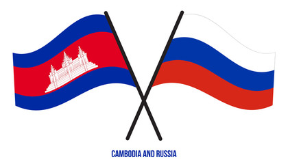 Cambodia and Russia Flags Crossed And Waving Flat Style. Official Proportion. Correct Colors.