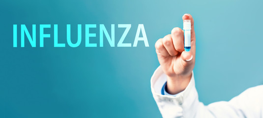 Influenza theme with a doctor holding a laboratory vial on a blue background