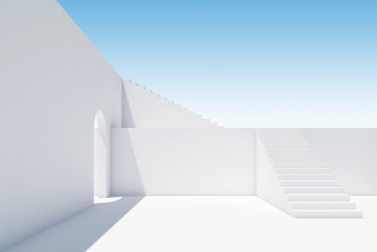 Abstract white interior with stairs and arch, 3d