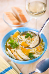 Bowl of delicious pasta or noodle soup