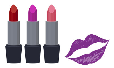 Obraz premium Lipstick set with kisses vector illustration beauty concept, makeup 