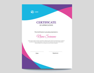 Vertical colored blue, pink and purple waves certificate design template