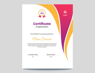 Vertical colored pink and orange waves certificate design template