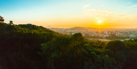 Aerial veiw of Matsuyama, Japan at sunset