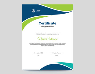 Vertical blue and green waves certificate design template