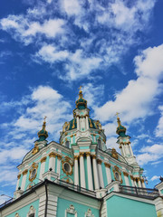 Fototapeta na wymiar The Saint Andrew's Church is a most famous baroque church in Kiyv, the capital of Ukraine.