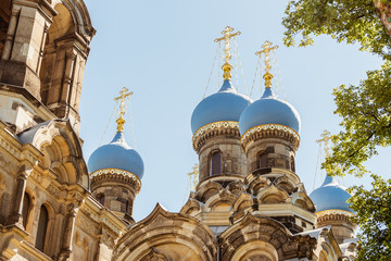 Orthodox Church. Blue domes of the Orthodox Church with golden crosses