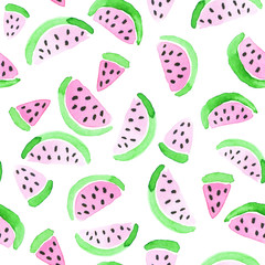 watercolor illustration seamless pattern with cute pieces of watermelon isolated on white background. summer abstract print for holidays and weekends