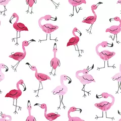 Fototapete Flamingo watercolor illustration seamless pattern with cute flamingos isolated on white background. summer abstract print for holidays and weekends. pink flamingos for kids and girls
