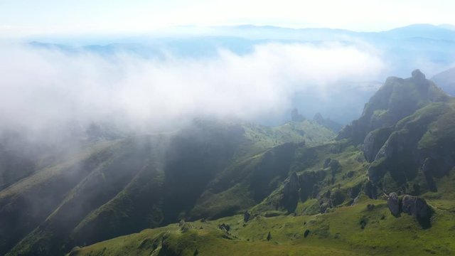 Flying above conglomerate cliffs in the Ciucas mountains, Carpathians, Romania