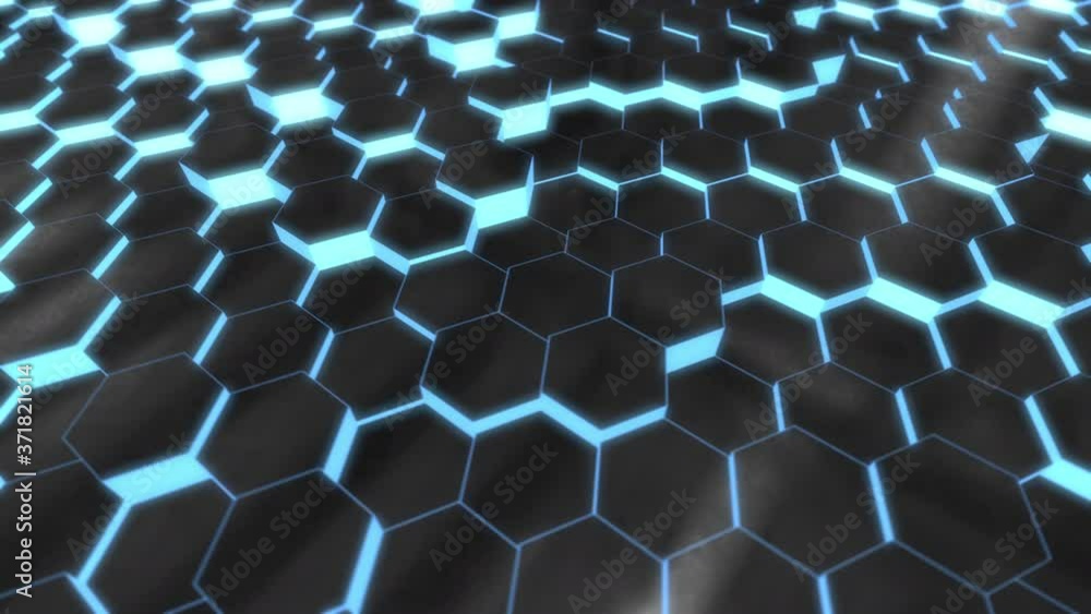 Poster seamless looping 3d animated abstract background with blue and black hexagons
