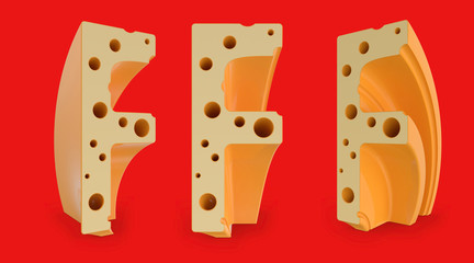 Capital letter F. Uppercase. Set of three view points on red. 3D