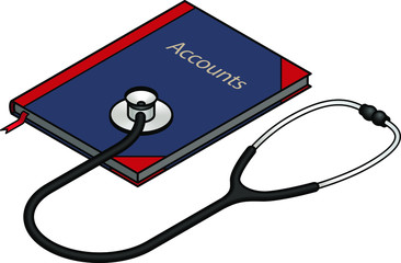 Diagnosis and analysis concept: stethoscope on a ledger / accounts book.