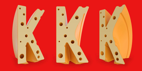 Capital letter K. Uppercase. Set of three view points on red. 3D