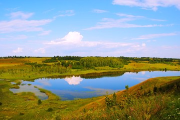 Summer landscape with mirrored lake and sky
