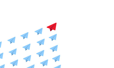Fototapeta premium Red paper plane as a leader among blue airplanes. Teamwork concept. New idea, creative thinking. Vector on isolated white background. EPS 10