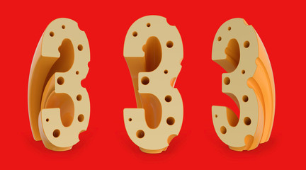 Number 3. Digital sign. Set of three view points on red. 3D