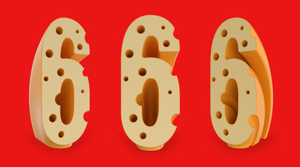 Number 6. Digital sign. Set of three view points on red. 3D