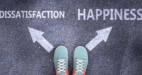 Dissatisfaction and happiness as different choices in life - pictured as words Dissatisfaction, happiness on a road to symbolize making decision and picking either one as an option, 3d illustration
