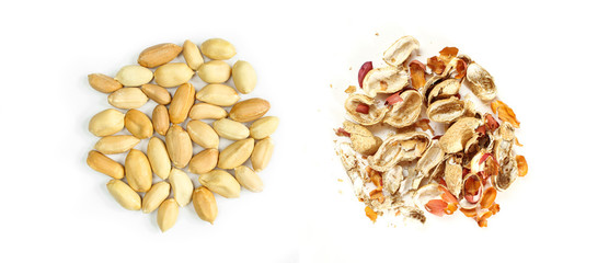 Peeled organic peanuts and peel. Two piles isolated on white background