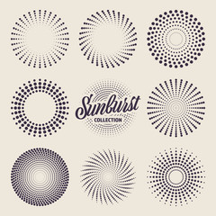 Vintage sunburst collection. Bursting sun rays and dots. Fireworks. Logotype or lettering design element. Radial sunset beams. Vector illustration.