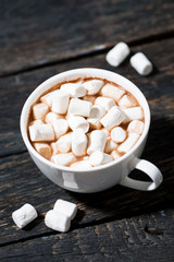 Fototapeta na wymiar cup of cocoa with sweet marshmallows on a wooden table, vertical