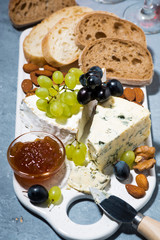 delicatessen cheeses on white board, fresh ciabatta, grapes and jams, top view