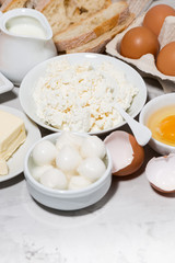 fresh farm dairy products and bread on white background, closeup
