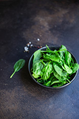 spinach green juicy leaves organic salad serving portion size natural product top view place for...