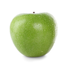 Fresh juicy green apple with water drops isolated on white