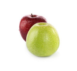 Fresh juicy green and red apples with water drops isolated on white