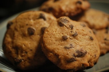 Homemade drop cookies or chocolate chip cookies over dark background 
