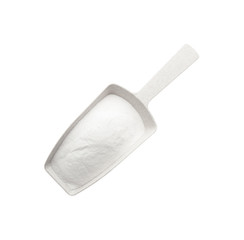 Scoop of baking soda isolated on white, top view