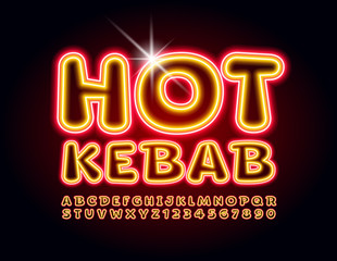Vector bright sign Hot Kebab. Neon glowing Font. Electric light Alphabet Letters and Numbers set