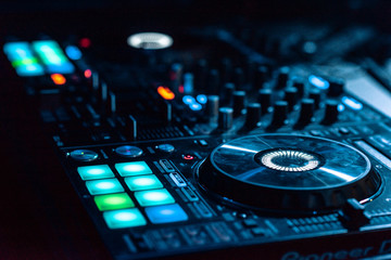 Mixer equipment entertainment DJ station. Pro dj controller.The DJ console cd mp4 deejay mixing desk