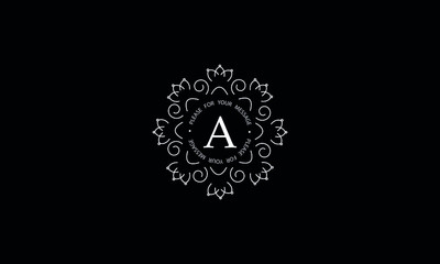 Stylish graceful monogram template with letter A. Elegant logo design, white color on black background. Vector illustration of cafe, office, restaurant, business.