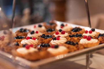 Fruit and berry tarts dessert tray. Closeup of beautiful delicious pastry sweets with fresh natural raspberries and figs.Bakery catering.