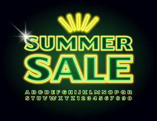 Vector neon promo advertising Summer Sale. Glowing bright Font. Electric Alphabet Letters and Numbers