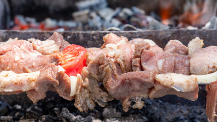 Mtsvadi, grill on the coals with smoke, barbecue