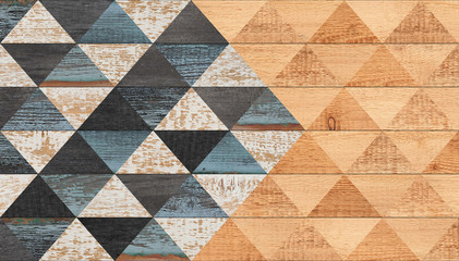Wood texture background. Weathered vintage wooden wall. Colorful parquet floor with triangle pattern. 