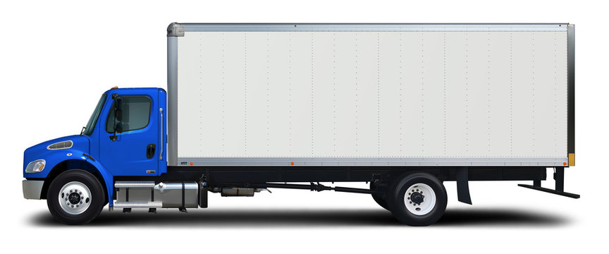 Delivery truck side view with blue cab isolated on white background.