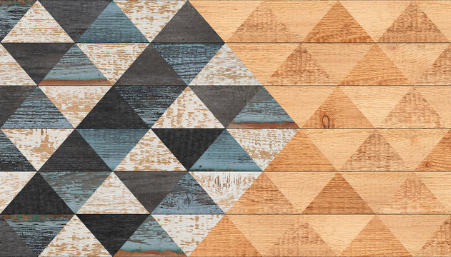 Wood texture background. Weathered vintage wooden wall. Colorful parquet floor with triangle pattern. 