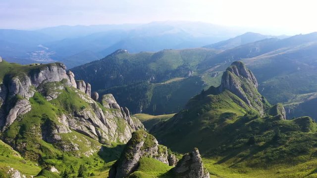 Flying above conglomerate cliffs in the Ciucas mountains, Carpathians, Romania