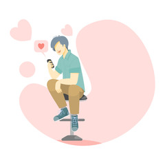 Young man sit on a chair and have happy face using smartphone for chat and have heart message pop up.illustration about love.